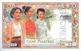 French Indochina Banque de l'Indochina (Bank of Indochina) One Piastre banknote. Image on front shows (left to right) Cambodian, Lao and Vietnamese women in traditional dress.